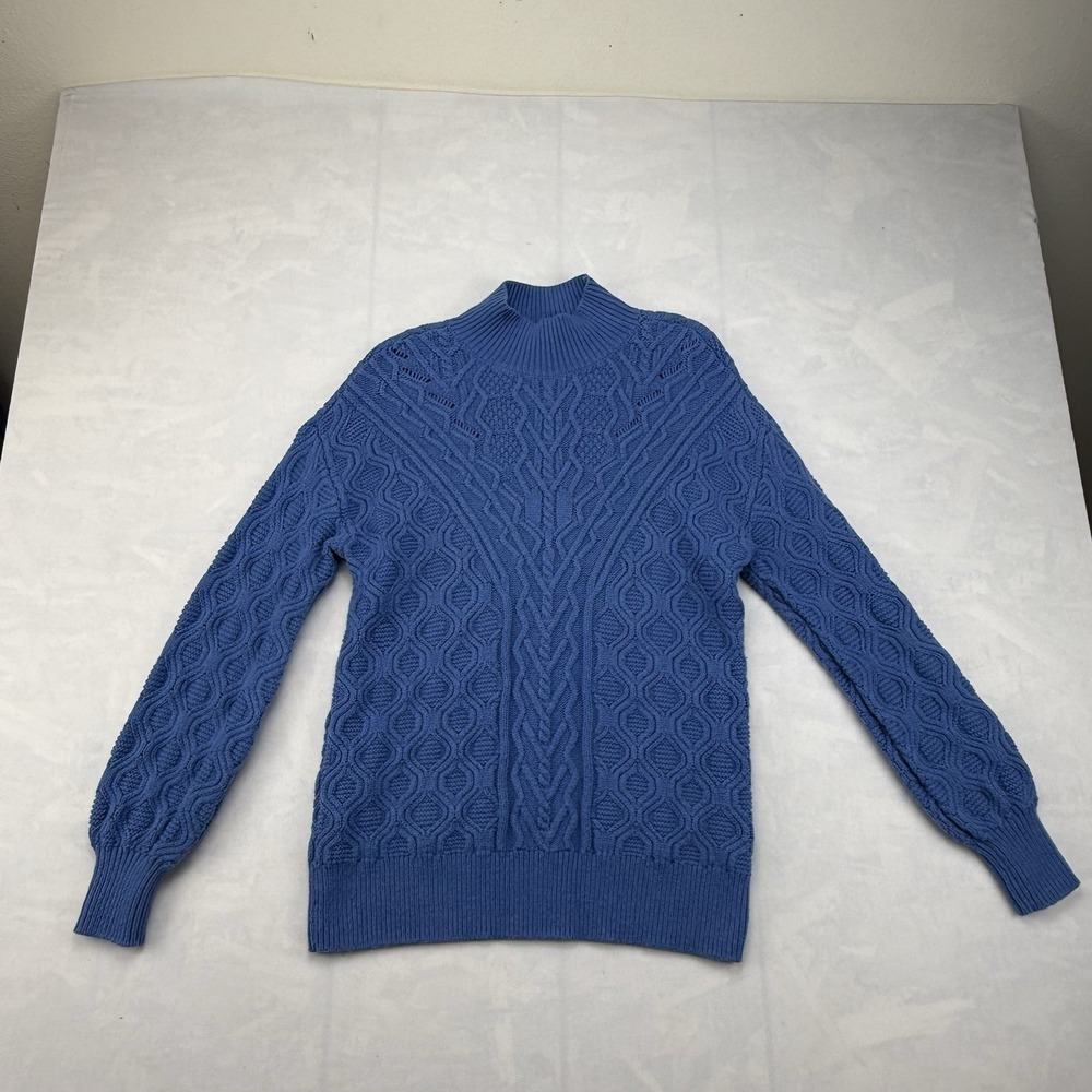 Talbots Women's Cable Knit Sweater Medium Blue Mock Neck Long Sleeve